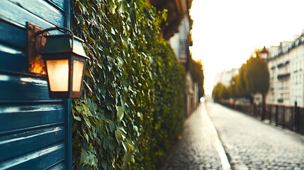 Canvas Print - Charming street scene with a lantern and ivy-covered wall during a serene sunset in a city