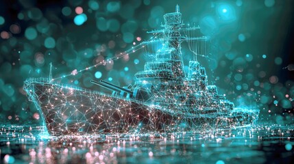 Wall Mural - futuristic warship: a digital navy vessel in the ocean. abstract network design, geometric lines, gl