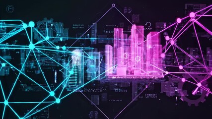Poster - Abstract graphic of blue and pink lines and bars. Zoom inside the space. Digital simulation. Molecules and atoms. Neural connections