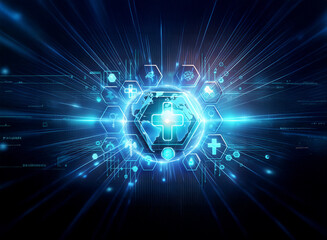 Poster - A luminous blue globe with a medical cross at its center is surrounded by medical symbols and radiating light beams on a dark background.