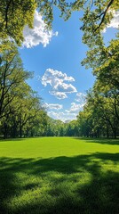 Poster - Discover a serene spring backdrop showcasing a vast, neatly trimmed lawn surrounded by towering, lush trees. The clear blue sky and gentle clouds enhance the beauty of this picturesque setting