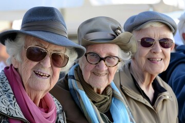 Wall Mural - Portrait of a group of elderly women in hats and sunglasses.