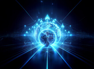 Poster - Illuminated blue globe with upward arrows and radiant beams. Network lines connect to world, symbolizing global tech and connection.