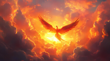 Wall Mural - A majestic phoenix flying through vibrant clouds at sunset, symbolic of rebirth and transformation. Symbolic Rebirth. Illustration