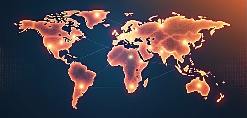Poster - global tech map illustration shows international connectivity. world map visualized as abstract tech