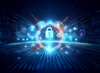 Canvas Print - Futuristic digital security concept with a central padlock surrounded by glowing icons. The image represents cyber protection and data safety in a digital network.