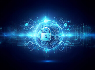 Poster - digital security concept with a blue glowing padlock over a stylized globe, symbolizing global data 