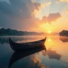 Wall Mural - Ancient wooden boat on a quiet lake at sunrise, boat, morning, serene