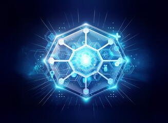 Poster - Glowing blue hexagonal design with interconnected nodes on a dark backdrop. Abstract digital network concept with bright light and a futuristic feel.