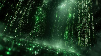 Digital rain, futuristic city, glowing green code, technology background, website banner