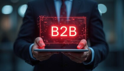 Aufkleber - businessman holds digital tablet displaying glowing red b2b hologram. concept of digital business mo