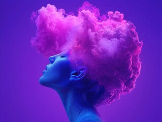 Poster - Surreal portrait of a woman with colorful cloud hair digital art fantasy environment side view creative concept