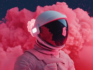 Poster - Astronaut in pink cosmic cloud outer space digital art futuristic close-up exploration