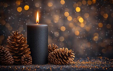 Poster - Dark candle, pine cones, bokeh lights; winter holiday scene; greeting card