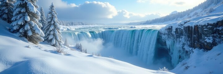 Wall Mural - Snowy firn with a frozen waterfall in the background and clouds, waterfall, snow