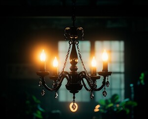 Poster - Dark room, chandelier glows, plants blurred background, interior design