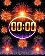 © Here you are! - Midnight countdown celebration with glowing golden numbers 00:00, surrounded by colorful fireworks in the night sky, symbolizing New Year's Eve, festivity, and new beginnings