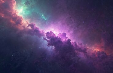 Wall Mural - purple, green nebula clouds fill space scene. colorful cosmic clouds swirl in deep space. stars twin