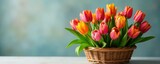 Tulip basket filled with colorful tulips and greenery, vases, tulips