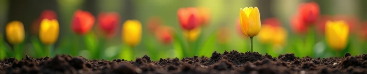 Wall Mural - Tulip stem rising from the soil in the ground, flowers, bulb, nature