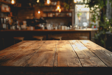 Wall Mural - Wooden table with a blurred background creating a soft focus effect for a serene and minimalist dining or workspace atmosphere