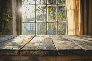 Wall Mural - Wooden table with a window in the background providing natural light and a serene atmosphere for a cozy indoor setting