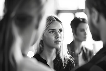 Wall Mural - Group of business people discussing business plan in the office. Black and white