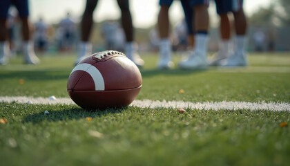 Closeup shot of American football on field. Players in background. Action photo captures competitive moment in sport. Game intense. Equipment on green turf. Football leather. Athletic play could