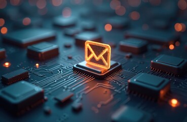 Aufkleber - close-up tech circuit board with glowing email symbol. modern digital email automation. integrated c