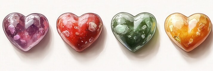 Poster - Four heart shaped glass pieces arranged together on a white background for decorative purposes