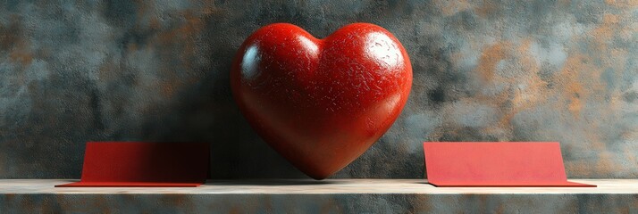 Poster - Red heart shaped object placed on a wooden shelf in a bright and minimalistic interior setting