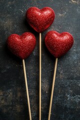 Poster - Three red heart shaped lobok placed on a smooth black surface creating a striking visual contrast