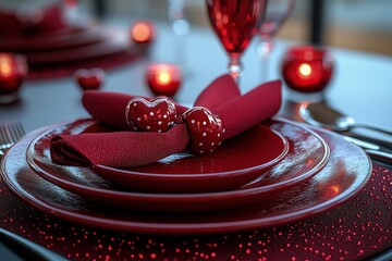 Poster - A red ceramic plate placed on a wooden table with natural light illuminating the surface