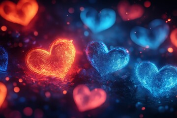 Poster - Group of glowing hearts arranged together in a dark background displaying love and affection