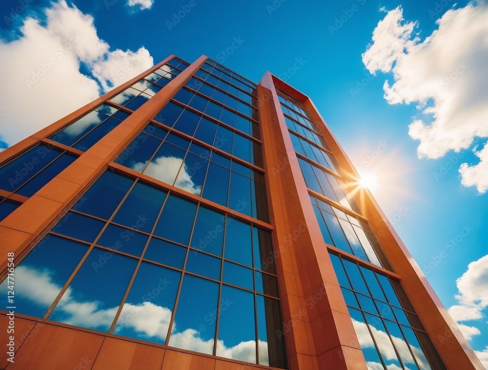 Modern glass office building reflecting a bright blue sky with white ...