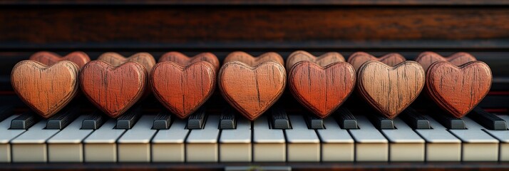 Poster - Row of wooden hearts arranged neatly on a piano keyboard with soft lighting and natural textures