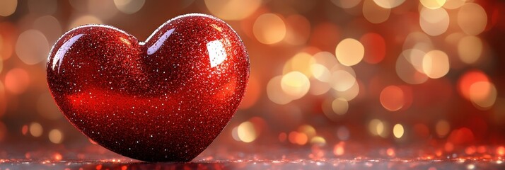 Poster - Red heart shape on a reflective shiny surface creating a romantic and artistic visual display