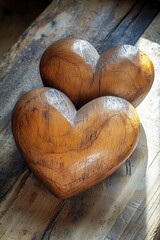 Poster - Two wooden hearts placed on a rustic wooden table background creating a warm and cozy ambiance
