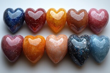 Poster - Collection of heart shaped glass pieces in various colors and sizes on a white background