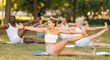 © JackF - Yoga girl coach conduct rehearsal for multinational followers in park leading of performing exercises, do fulfil eka padahastasana salamba navasana. People practice sport during yoga workout in nature
