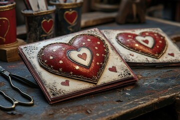 Poster - Two red hearts placed on a wooden table background symbolizing love and affection