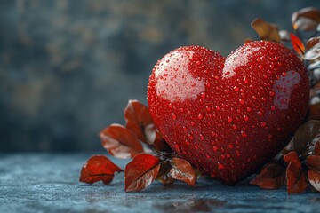 Poster - Red heart shape with water droplets on a smooth surface reflecting light in a close-up view