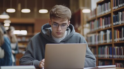 Poster - A focused student sits at a table in a library, immersed in his laptop work. Shelves filled with books loom around him, while other learners bustle in the background