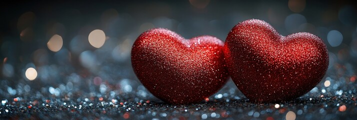 Poster - Two red hearts resting on a reflective shiny surface creating a romantic atmosphere