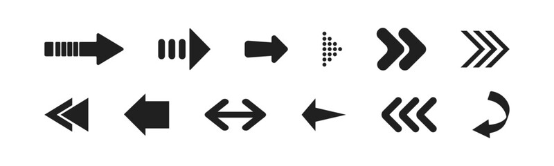 Arrow icon set. Arrow. Cursor. Collection different arrow signs. Black arrows icons. Different cursor arrow direction symbols in flat style. 