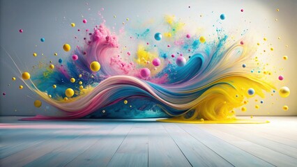 Wall Mural - Abstract Colorful Swirling Paint Explosion with Floating Spheres on a Light Wooden Floor