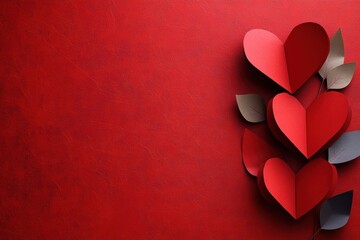 Poster - Red wall decorated with multiple paper hearts in various sizes and colors creating a vibrant display