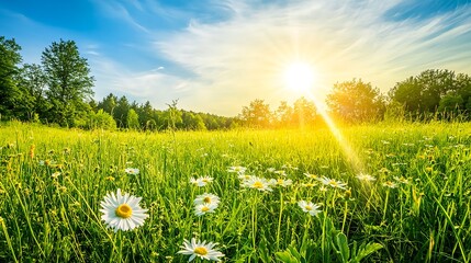 Wall Mural - Open Meadow with Diverse Plant Species under Bright Sunlight