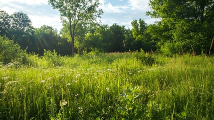 Wall Mural - Open Meadow with Diverse Plant Species Under Bright Blue Sky