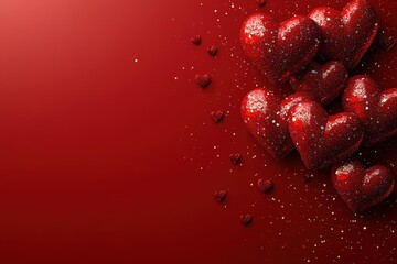 Poster - Cluster of red hearts arranged on a solid red background for love and romance themes